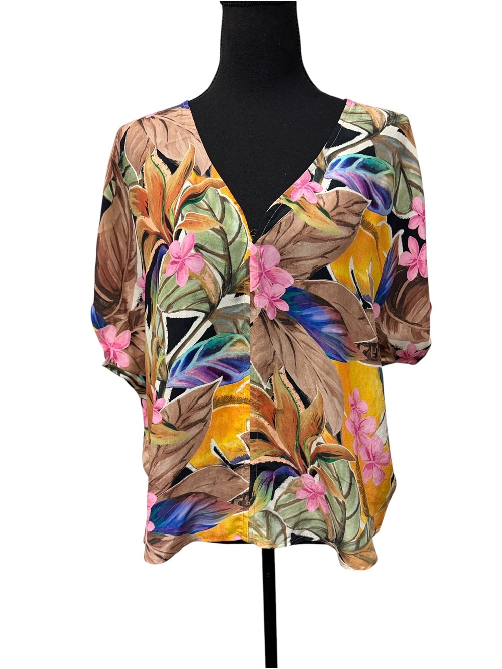 Karen Kane 100% Cupro Tropical Floral V-Neck Blouse Top M Luxe Resort Boho - Picture 2 of 11